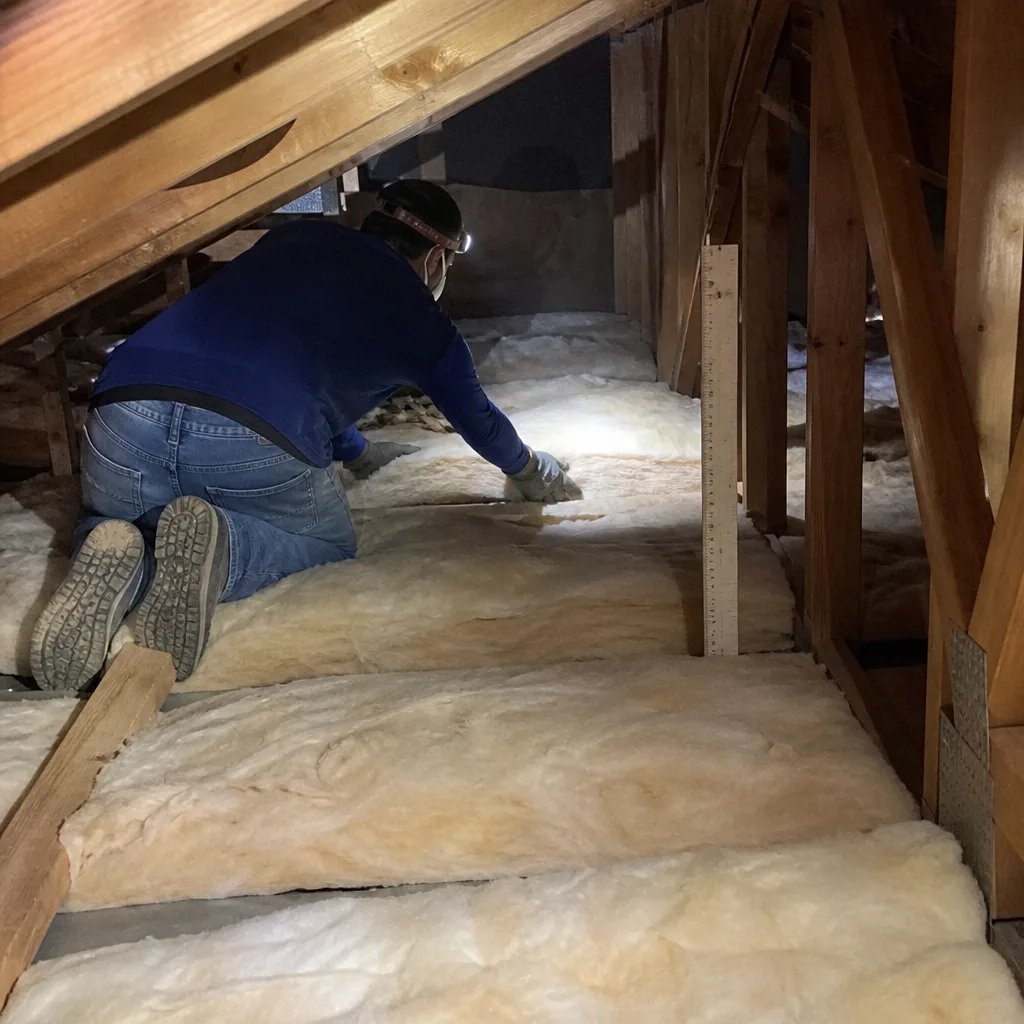 Contractor installing attic insulation between wooden roof joists