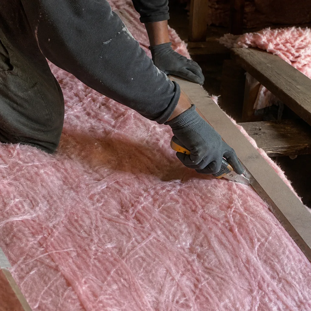 Professional cutting pink fiberglass insulation with a utility knife in an attic
