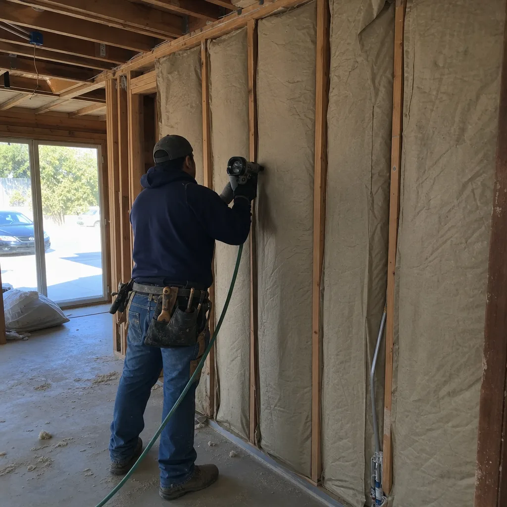 Contractor installing wall insulation batts in an unfinished residential construction project