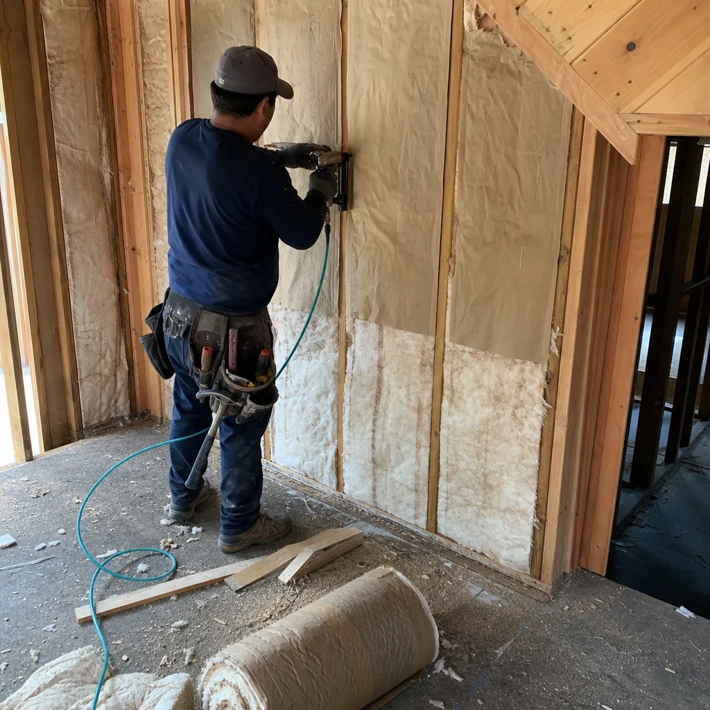 Professional contractor installing wall insulation batts with a staple gun