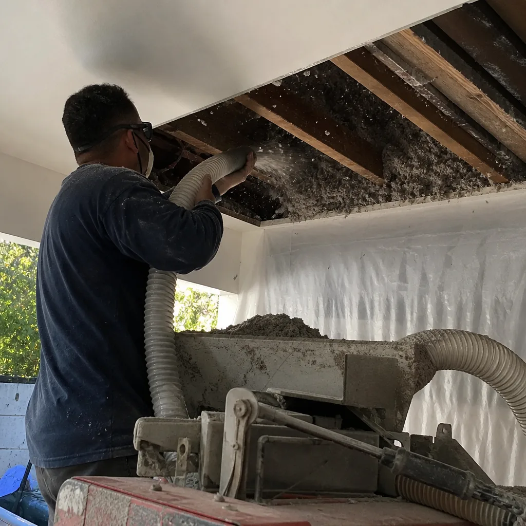 Contractor performing blown-in insulation installation in a ceiling cavity